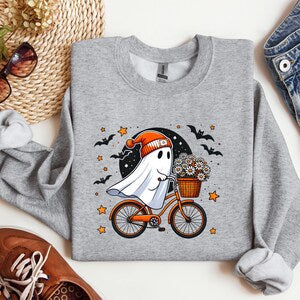 Cute Ghost On Bike Halloween Sweatshirt, Gildan Sweatshirt, Halloween Sweatshirt